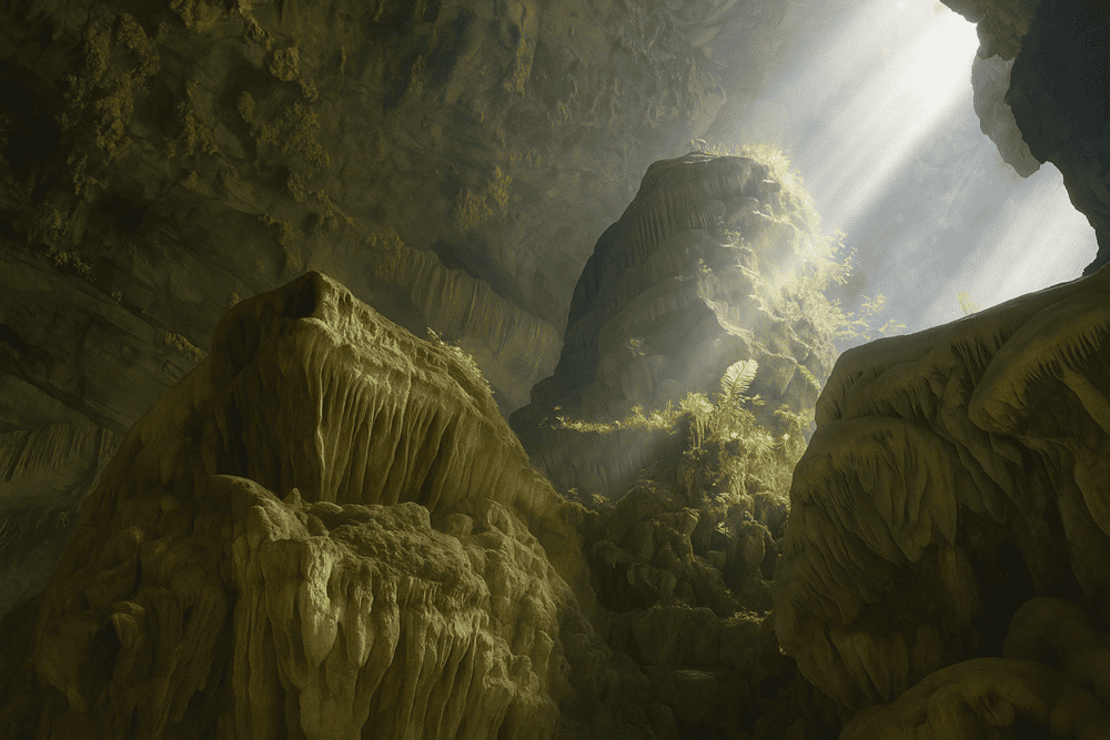 Dramatic limestone formations illuminate the entrance to Bat Cave, a 250-million-year-old geological wonder